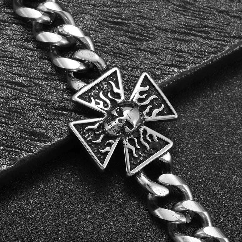 Stainless Steel Flame Cross Skull Bracelet - Street Dreams USA