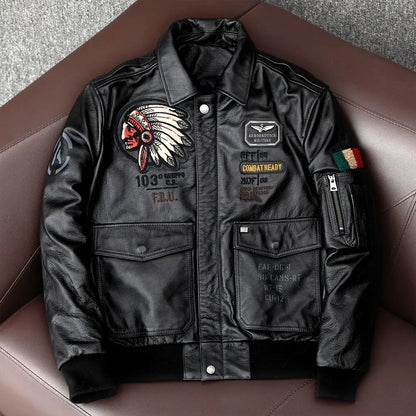 Indian Embroidered Genuine Leather Motorcycle Jacket- Slim Fit