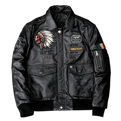 Indian Embroidered Genuine Leather Motorcycle Jacket- Slim Fit