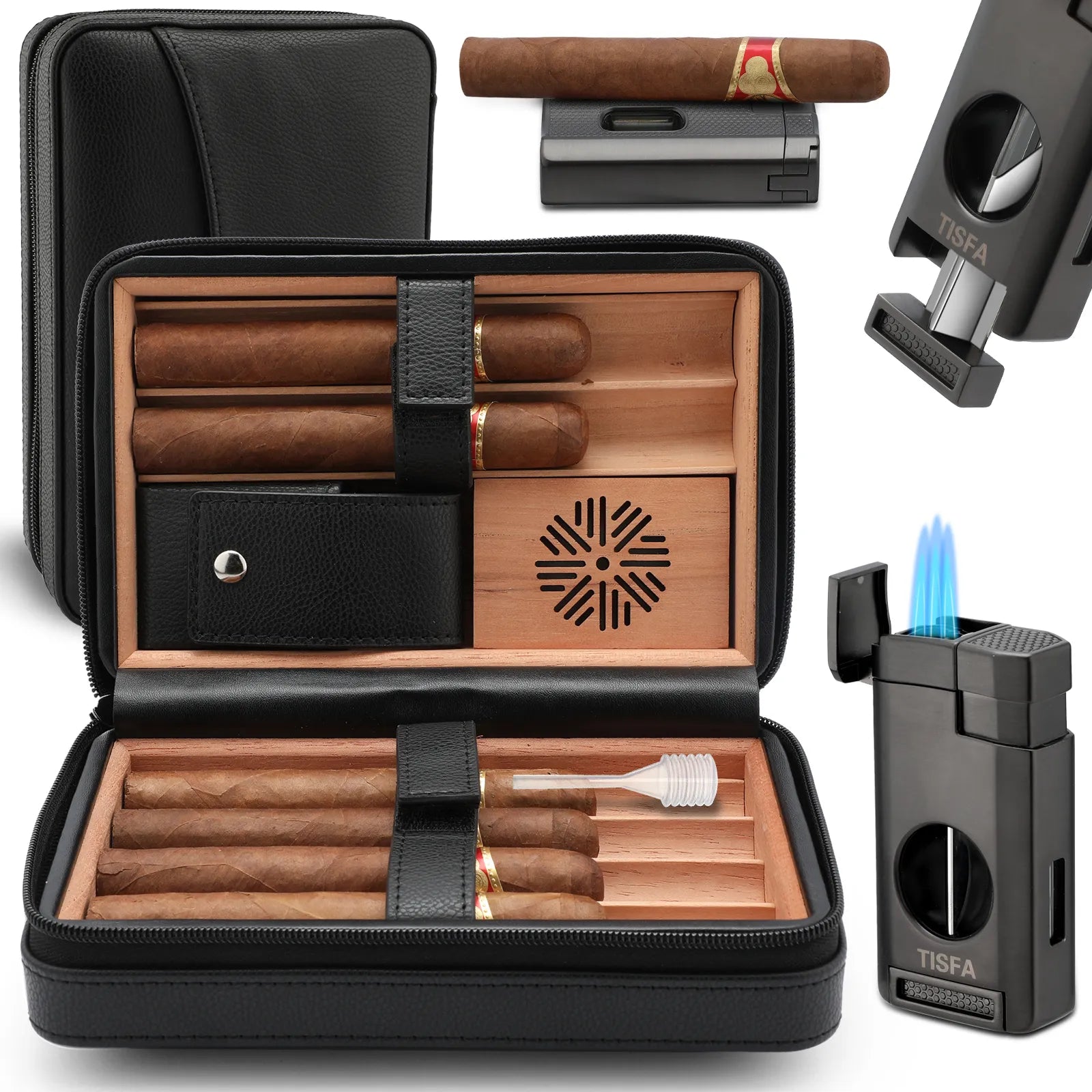 Travel Cedar Wood Cigar Humidor Case with V-Cut Cutter and Cigar Lighter - Street Dreams USA