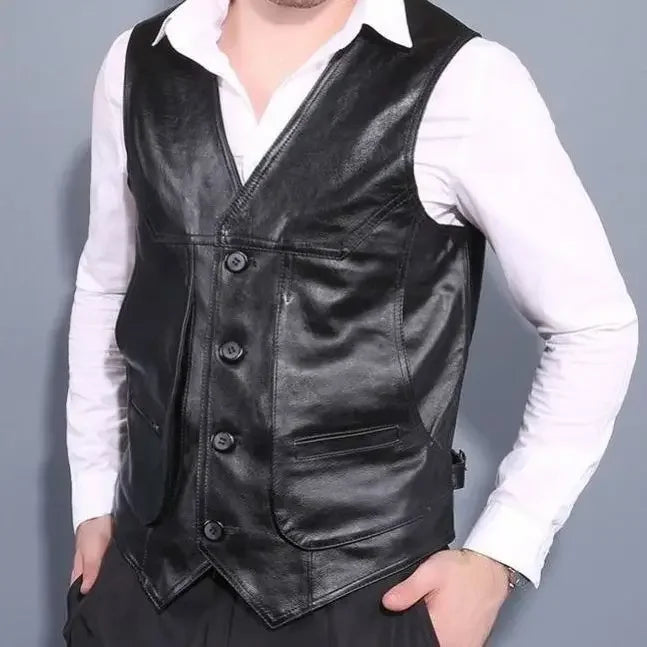 Men's Genuine Leather Motorcycle Vest - Black Waistcoat 