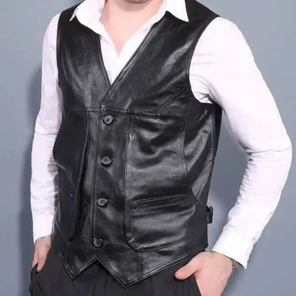 Men's Genuine Leather Motorcycle Vest - Black Waistcoat 