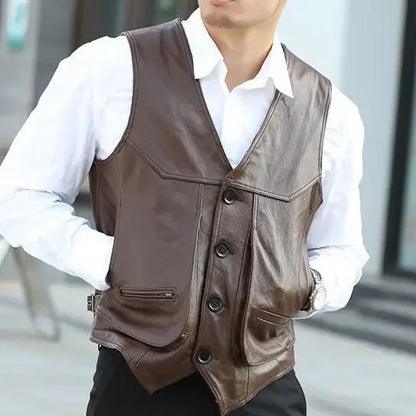 Men's Genuine Leather Motorcycle Vest - Brown Waistcoat 