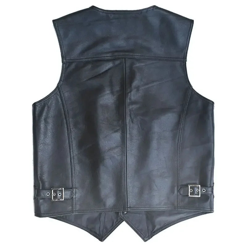 Men's Genuine Leather Motorcycle Vest - Black Waistcoat 