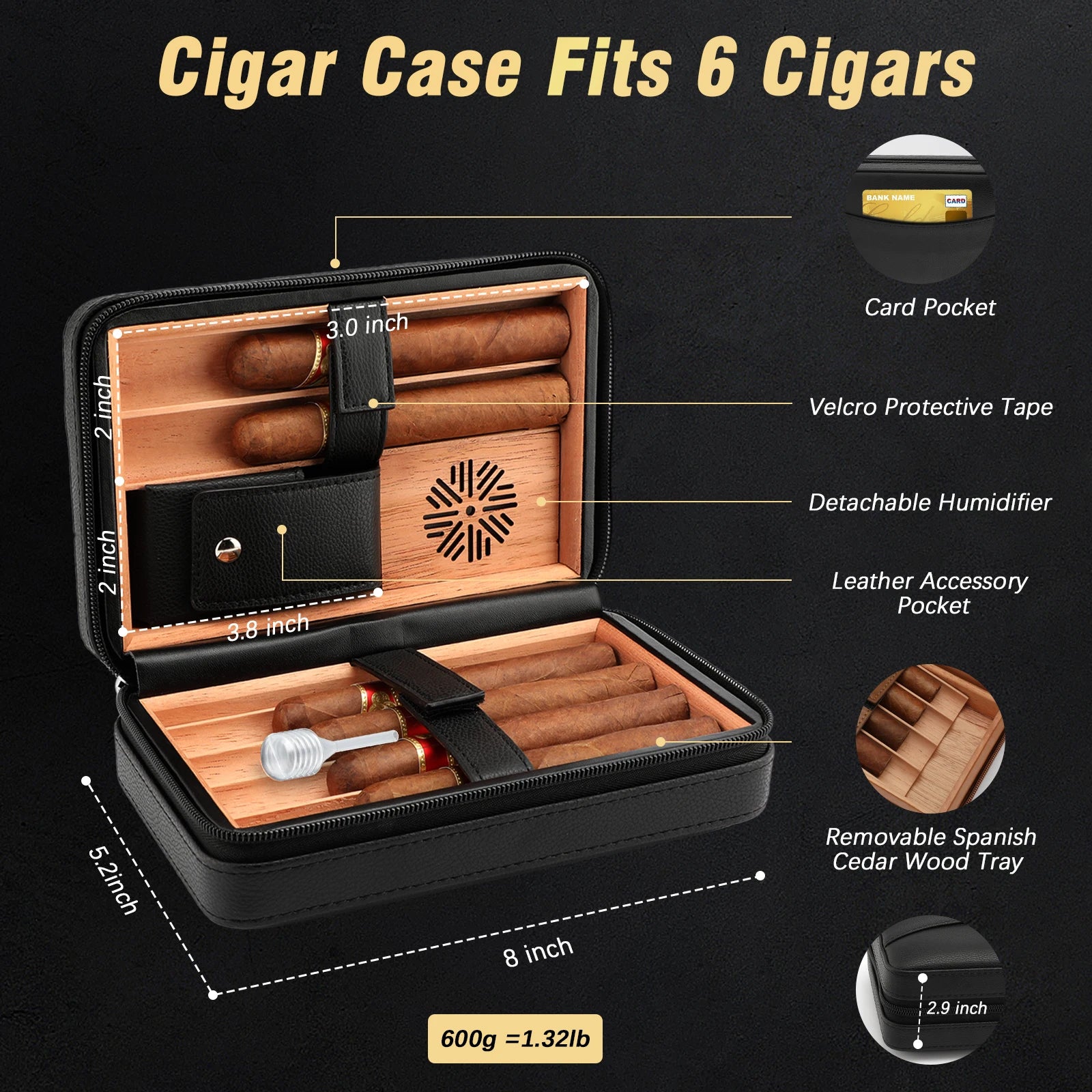 Travel Cedar Wood Cigar Humidor Case with V-Cut Cutter and Cigar Lighter - Street Dreams USA