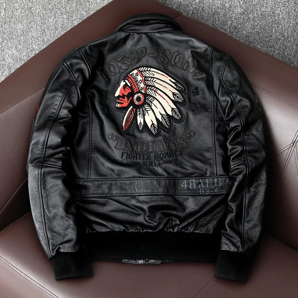 Indian Embroidered Genuine Leather Motorcycle Jacket- Slim Fit