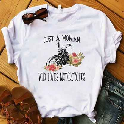 Just A Women Who Loves Motorcycles Printed Graphic Tee - Street Dreams USA