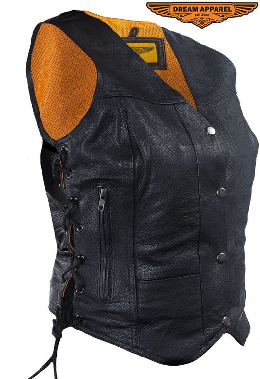 Women's Cowhide Leather Motorcycle Vest With 7 Pockets