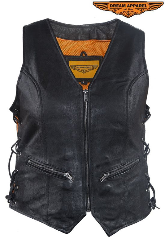 Women's Leather Motorcycle Zip Up Leather Vest With Concealed Carry