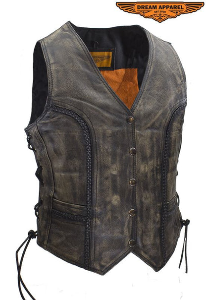 Women's Longer Cut Distressed Brown Cowhide Leather Motorcycle Vest