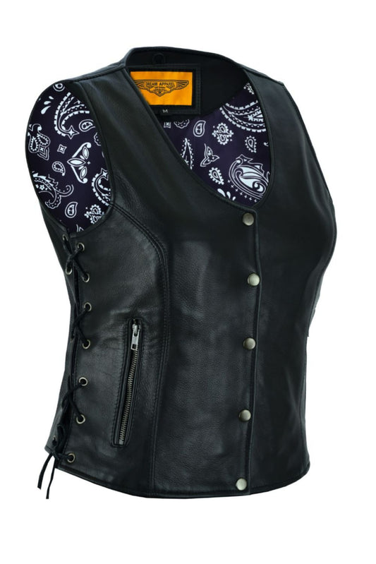 Women's Purple Paisley Lined Motorcycle Vest with Side Laces & Concealed Pockets