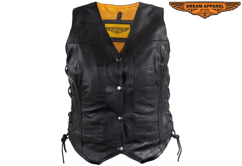 Women's Cowhide Leather Motorcycle Vest With 7 Pockets