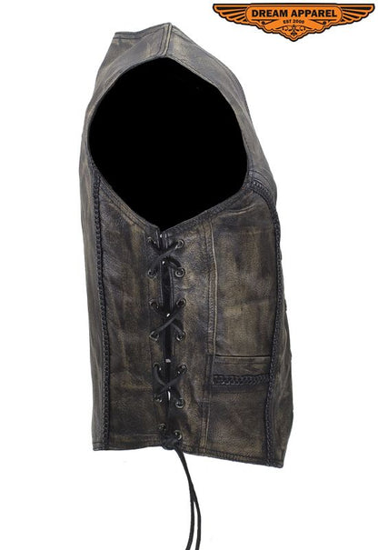 Women's Longer Cut Distressed Brown Cowhide Leather Motorcycle Vest