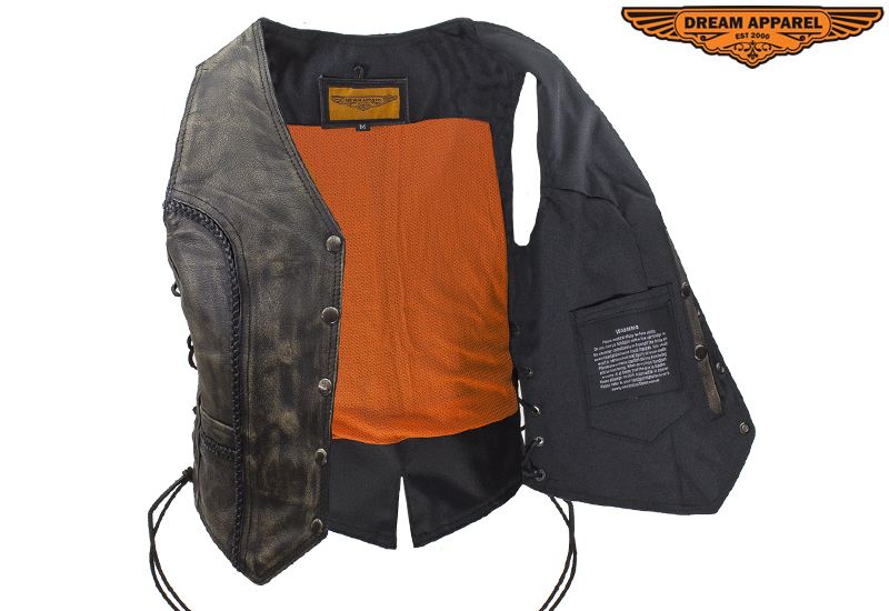 Women's Longer Cut Distressed Brown Cowhide Leather Motorcycle Vest